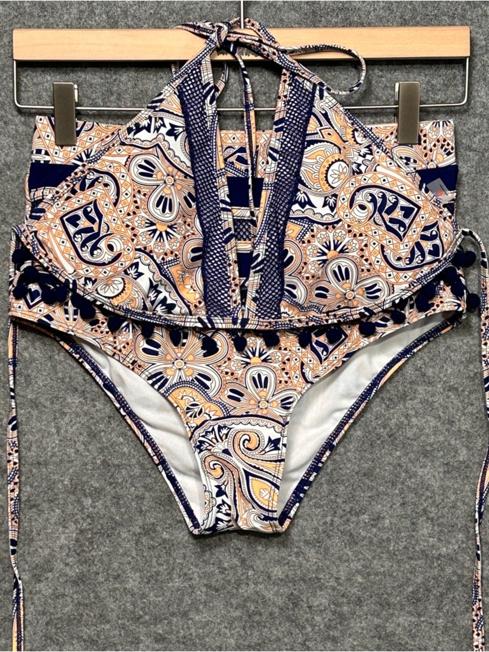 Paisley Print High-Waist Halter Swimsuit Bikini Size M Pom Pom Trim Pool Beach